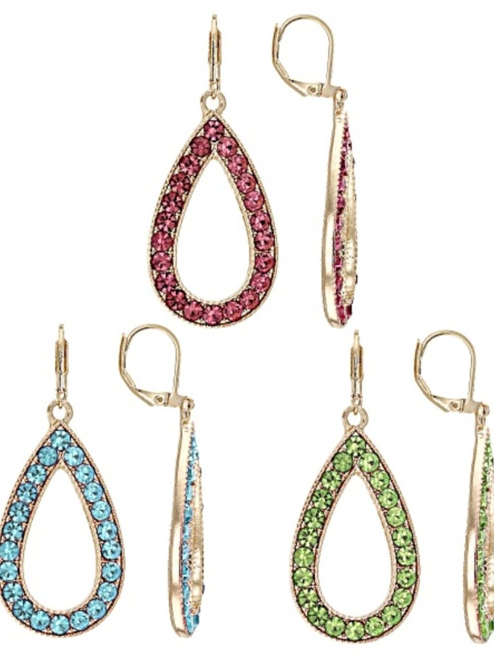Three Pair of Multi Color Crystal Gold Tone Teardrop Dangle Earrings 1.95"L NEW